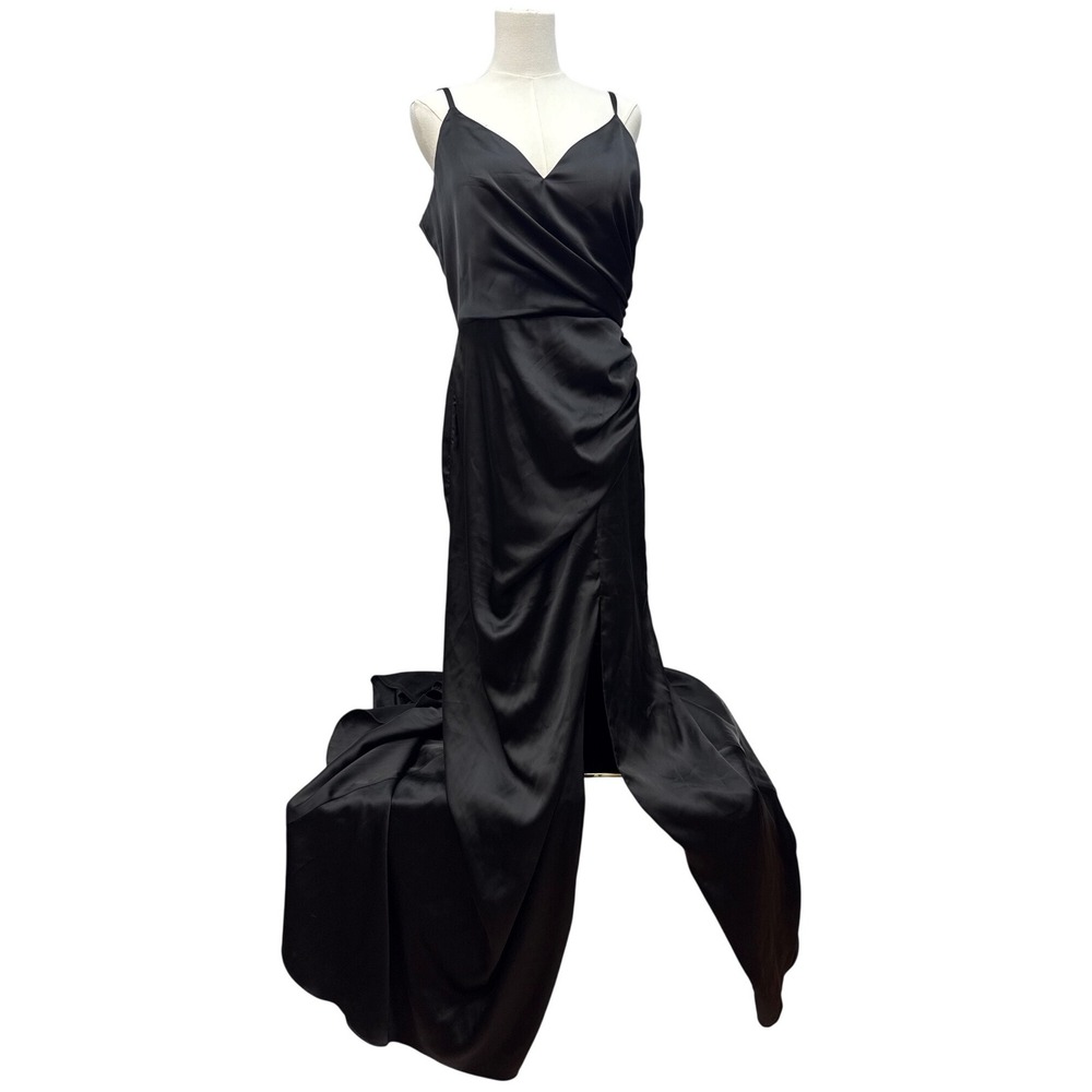 Revelry Black Satin Bridesmaid Dress‎ Ruched Formal Gown Size 14